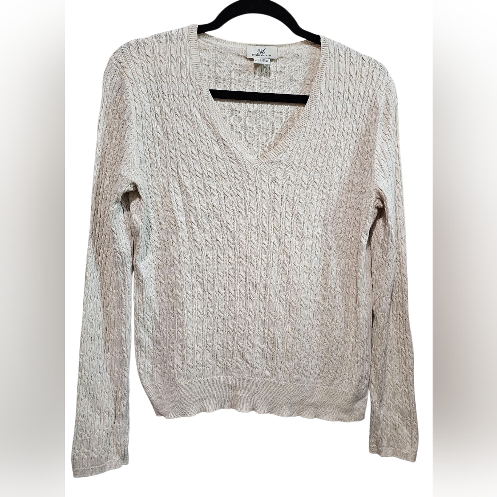 Brooks Brothers Women's V-Neck Silk Cashmere Cream Cable Sweater Size L "1 FLAW"
